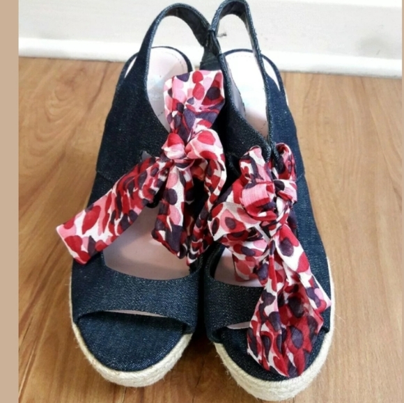 Women's Denim Blue Espadrilles Ribbon Tie Open Toe - Picture 3 of 8